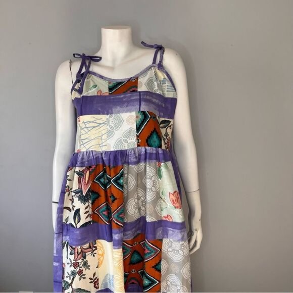 Handmade Multicolor Patchwork Tiered Sundress with Shoulder Straps Size L - Picture 9 of 10